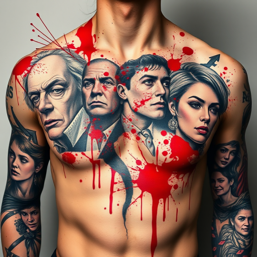 Dramatic trash polka tattoo spanning across the chest, combining realistic portraits with abstract elements and splashes of vibrant red ink, creating a chaotic and visually striking composition