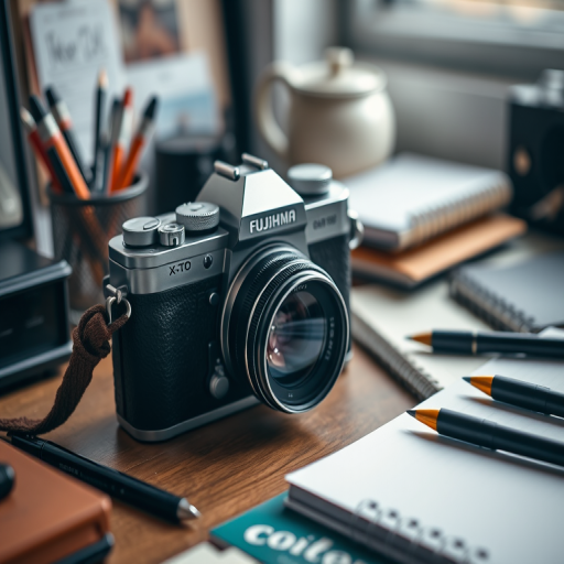 photograph a stylish vintage camera on a cluttered desk with pens and a notebook, using a shallow depth of field, 50mm lens, f/1.8 aperture, ISO 200, 1/60s shutter speed, natural light from a nearby window, Fuji X-T10 camera, focus on the camera with a slightly blurred background for enhanced image quality