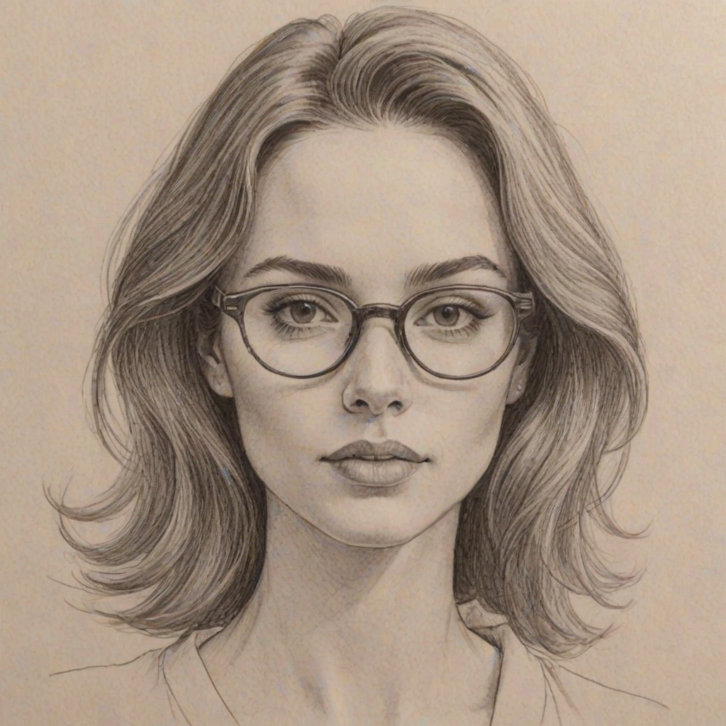 Graceful Sophia Wylie, pencil sketch, portrait of Pleasing woman 1971s in glasses, hair style beatnik, outline, clear lines, fine lines, 8k