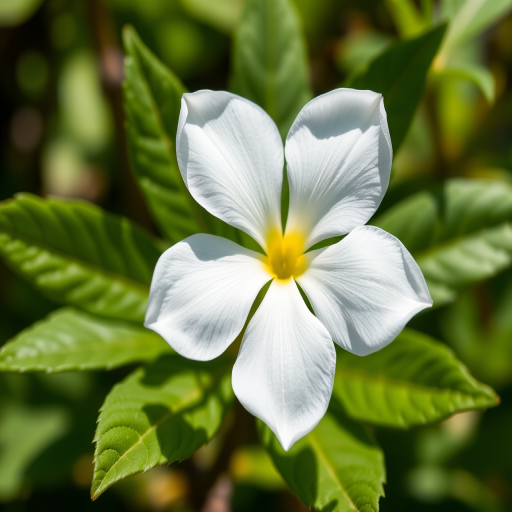 Regenerate an illustration of a white flower with five petals and green leaves, taken with a DSLR camera, 50mm lens, f/2.8 aperture, ISO 100, 1/200s shutter speed, in bright, natural light to enhance clarity and color vibrancy.