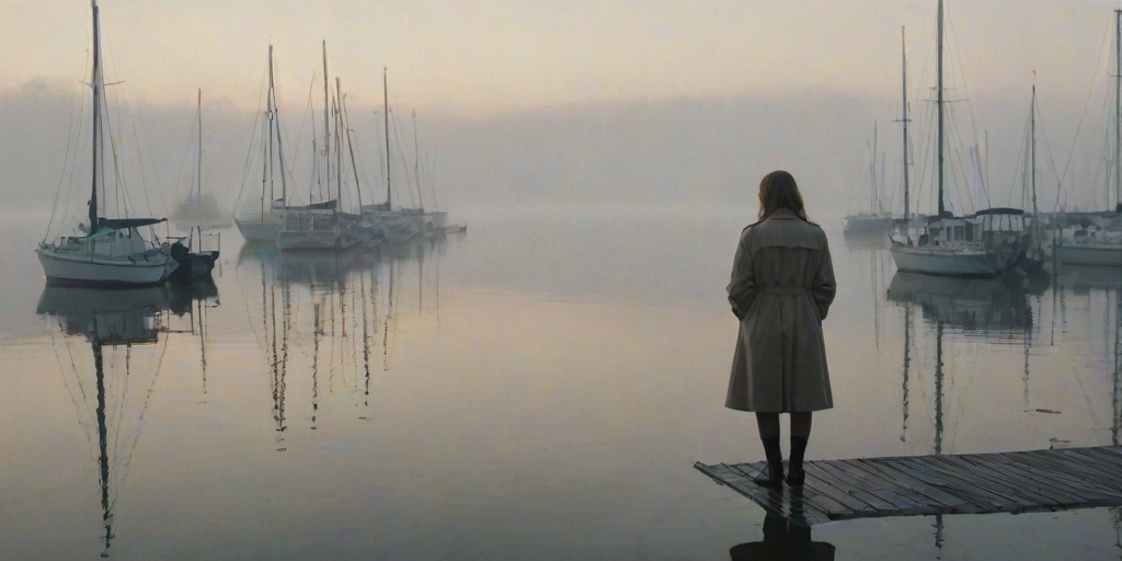 Fog-shrouded harbor at dawn, boats tied to the dock barely visible through the mist, a woman in a trench coat stands at the water's edge, looking out over the calm, gray sea.
