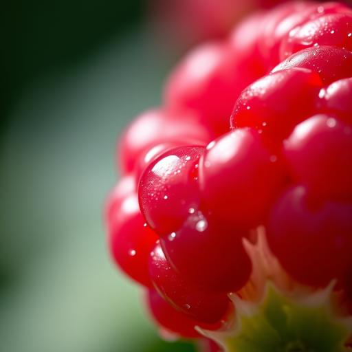 close-up of a ripe raspberry with dew drops, shallow depth of field, f/2.8 aperture, 50mm lens, soft natural lighting, macro photography, DSLR camera