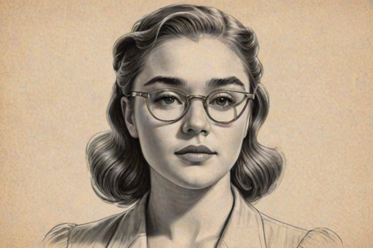 Graceful Florence Pugh, pencil sketch, portrait of Splendid woman 1930s in glasses, hair style beatnik, outline, clear lines, fine lines, 8k