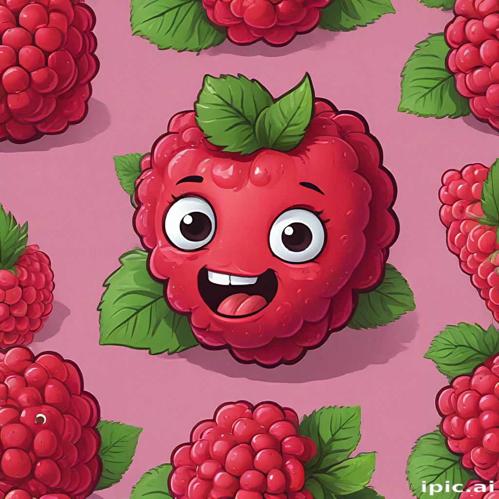 Playful Cartoon Raspberries with Cute Faces and Bright Green Leaves