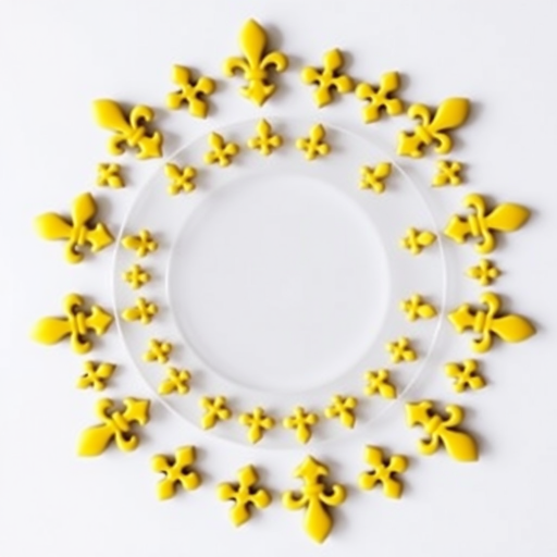 Create a circular design featuring yellow fleur-de-lis symbols evenly spaced around the circumference with a transparent center, captured with a DSLR camera, aperture f/5.6, ISO 100, 50mm lens, centered view, high contrast, and vibrant colors.