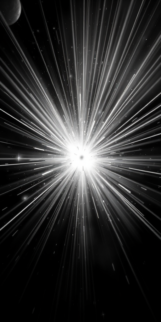 Create a high-resolution image of a cosmic explosion with radiant light rays extending outward in monochrome, using a DSLR camera with a 24mm lens, aperture f/2.8, ISO 400, and a shutter speed of 1/125 sec, capturing a dynamic depth of field from a low angle.