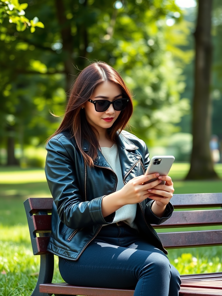 A young woman sitting on a park bench, wearing sunglasses and a leather jacket, absorbed in her smartphone, surrounded by lush greenery, captured with a Canon EOS 5D Mark IV, 50mm lens, f/2.8 aperture, ISO 100, natural lighting, shallow depth of field, focus on the subject.