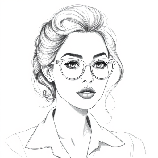 Beauteous Miranda Cosgrove, pencil sketch, portrait of Fetching woman 1946s in glasses, hair style beatnik, outline, clear lines, fine lines, 8k