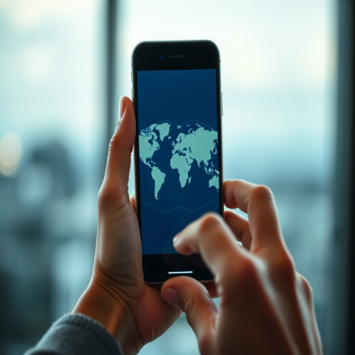 Create a high-resolution image featuring a close-up of a hand holding a smartphone displaying a world map, with a hexagonal pattern overlay, using a DSLR camera at f/2.8, ISO 100, 50mm lens, shot from an eye-level angle with soft focus on the background for an artistic effect.