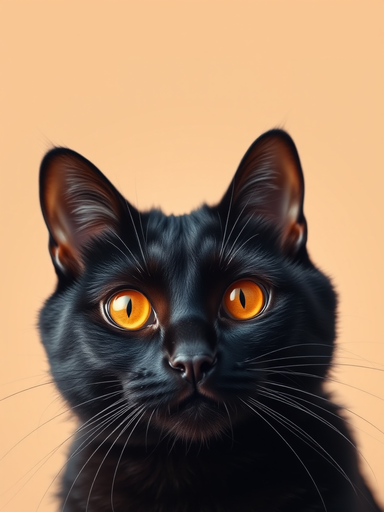 Generate a highly detailed illustration of a black cat's face, featuring bright orange eyes, on a soft beige background, using a Canon EOS 5D Mark IV with a 50mm f/1.8 lens, aperture set to f/2.8, ISO 100, and a studio lighting setup for enhanced contrast and clarity.