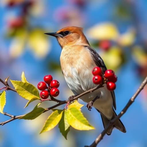 Close-up of a cedar waxwing perched on a branch with red berries, bright blue sky in the background, shot with a Canon EOS R5 at 200mm, f/5.6, 1/200s, ISO 100, natural light, shallow depth of field.