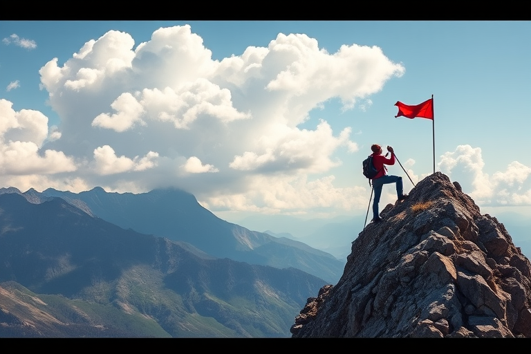 create an image of a person climbing a steep mountain with a red flag atop, using a high-resolution digital camera, 35mm lens, f/8 aperture, 1/500 shutter speed, focus on the climber with a blurred background, bright colors and clear sky with fluffy clouds, vibrant and motivational style