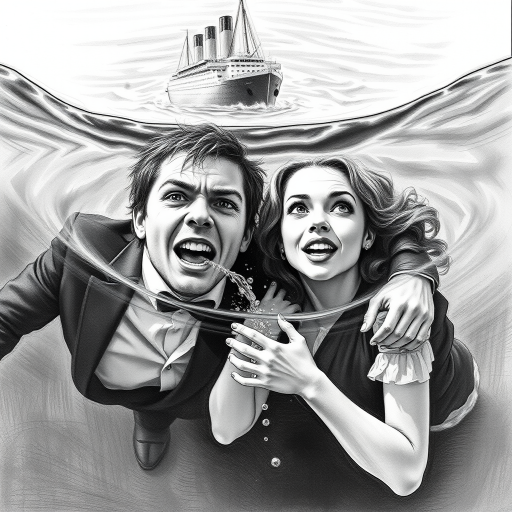 A hyperdetailed photorealistic black and white pencil sketch recreating the iconic scene at the end of Titanic with Jack and Rose floating in the water, only show them making exaggerated funny faces at the camera. Show Rose spitting water at the camera.