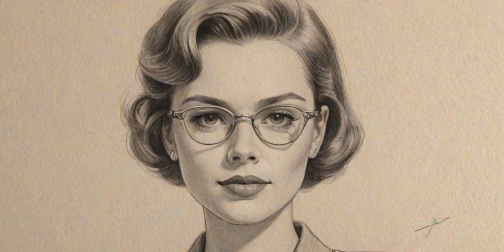 Beauteous Amiee Teegarden, pencil sketch, portrait of Comely woman 1954s in glasses, hair style beatnik, outline, clear lines, fine lines, 8k