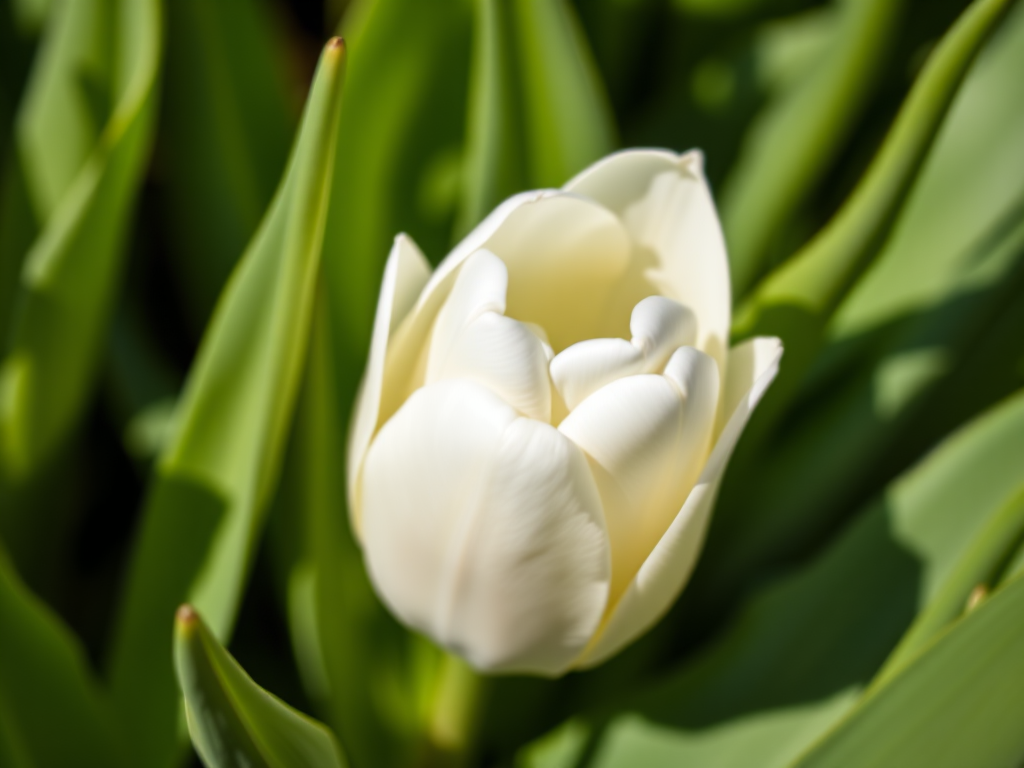 Close-up of a white tulip surrounded by green leaves, natural light, shallow depth of field, aperture f/2.8, ISO 100, 50mm lens, macro photography style, DSLR camera.