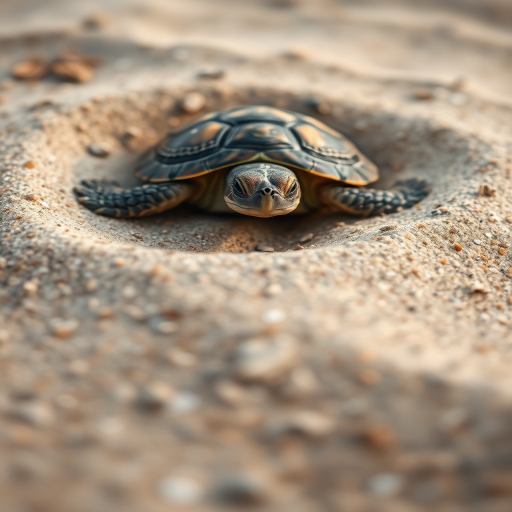 Capture a detailed shot of a turtle nesting in sand, using a DSLR camera with a 50mm lens, aperture set to f/2.8 for shallow depth of field, ISO 200 for clarity, shooting from a low angle to highlight the texture of the sand and the turtle's shell while maintaining a soft background blur.