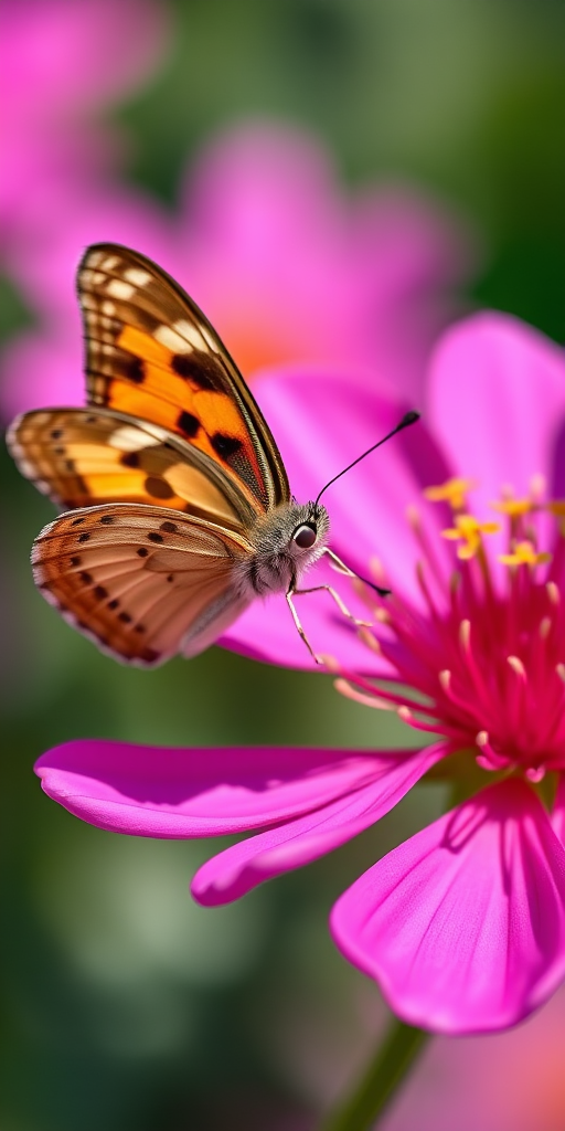 Close-up shot of a butterfly perched on a vibrant pink flower, let in natural light, f/2.8 aperture, 1/400 shutter speed, ISO 100, macro lens, DSLR camera, shallow depth of field for a blurred background.