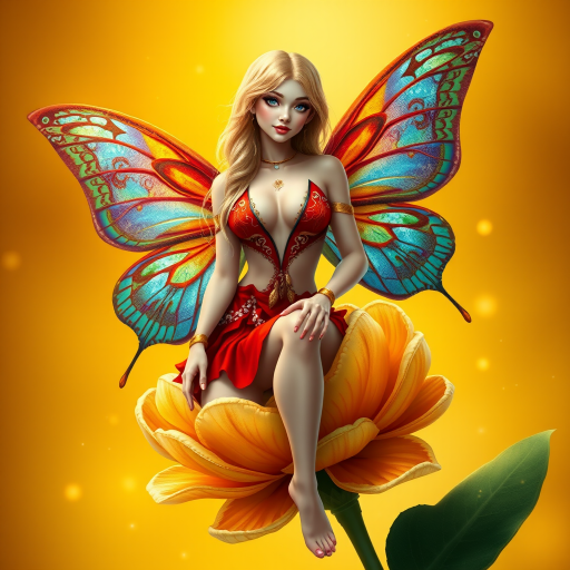 A digital artwork features a winged fairy with delicate Pine butterfly wings, adorned with intricate Azure and Chartreuse patterns. She is seated on a vibrant Mango flower, wearing a revealing red two-piece outfit with sparkling beadwork. Her fair skin, long blonde hair, and gold jewelry add to her ethereal appearance. The background is a warm, golden gradient, creating a magical atmosphere. Small glowing orbs and sparkles surround the flower, enhancing the enchanting, highly detailed, and realistic scene.