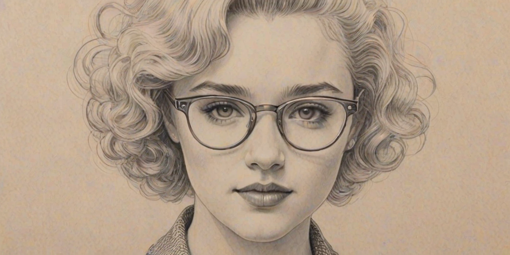 Charming Julia Garner, pencil sketch, portrait of Elegant woman 1966s in glasses, hair style beatnik, outline, clear lines, fine lines, 8k