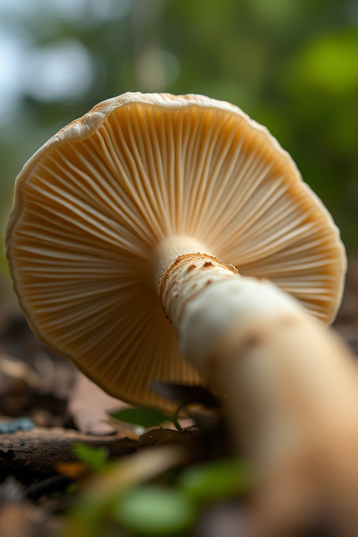 photograph a mushroom from a low angle, f/2.8 aperture, ISO 100, 1/200 sec shutter speed, shot in natural light, focus on the gills and stem, using a DSLR camera with a macro lens.