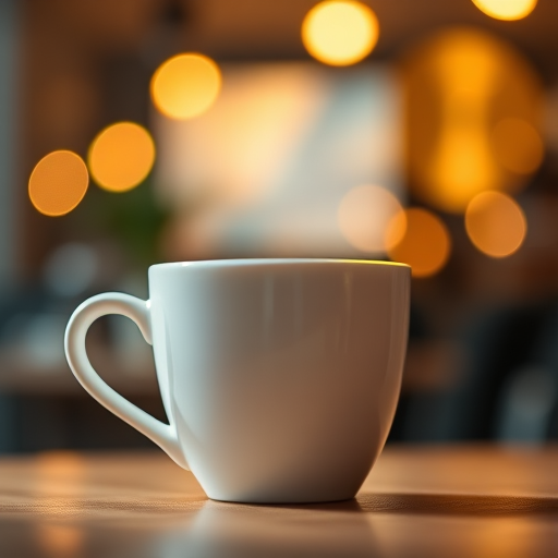 Create a soft-focus image of a white coffee cup with a warm yellow interior, positioned prominently in the foreground, with blurred bokeh lights in the background, using a DSLR camera at f/2.8 aperture, 50mm lens, 1/60 shutter speed, and ISO 200 for enhanced image clarity and depth of field.