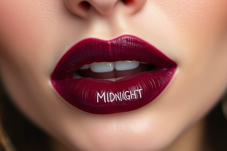Deep plum "Midnight Kiss" lip stain with a gel-like consistency, providing long-lasting color that fades evenly throughout the day