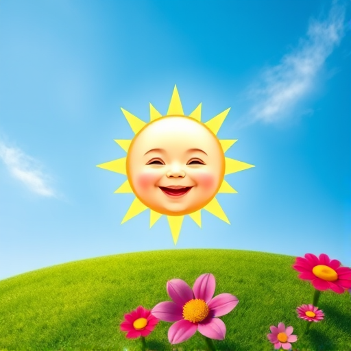 Create an image shows a bright, sun with a smiling baby's face in the center, radiating soft yellow rays. The sun is set against a clear blue sky with a few wispy clouds. Below, there's a lush green grassy hill with colorful, oversized flowers, giving the scene a whimsical, playful atmosphere.