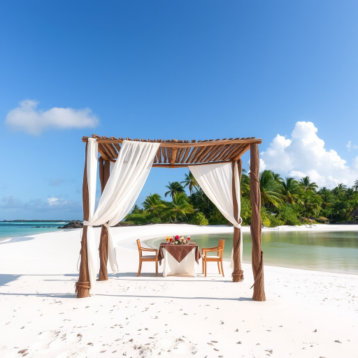 Create a picturesque tropical beach scene featuring a serene, white sandy shore. In the foreground, there's a rustic wooden canopy with white drapes gently flowing in the breeze. Underneath the canopy, a table is set with tropical decor, evoking a sense of relaxation and leisure. The beach extends into a calm, shallow water area with reflections of the sky and surroundings. Palm trees and lush greenery line the edge of the beach, providing a natural, tropical backdrop. The sky is clear with a few scattered clouds, and the overall atmosphere is tranquil and inviting, perfect for a peaceful retreat.