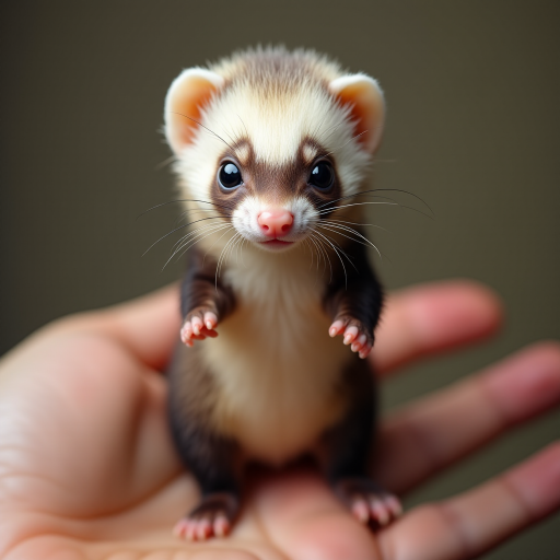 An extremely hyper-realistic ferret, its whole body fits perfectly in someone's finger. A ferret has rare colors and is extremely adorable. The ferret is extremely fluffy, making it eye-catching when enlarged. And standing on 2 legs