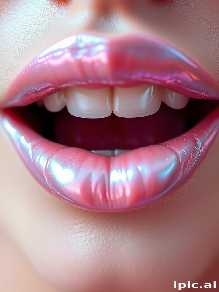 Ethereal iridescent lips shimmer with pearlescent hues, transforming from pale pink to soft blue depending on the angle of view