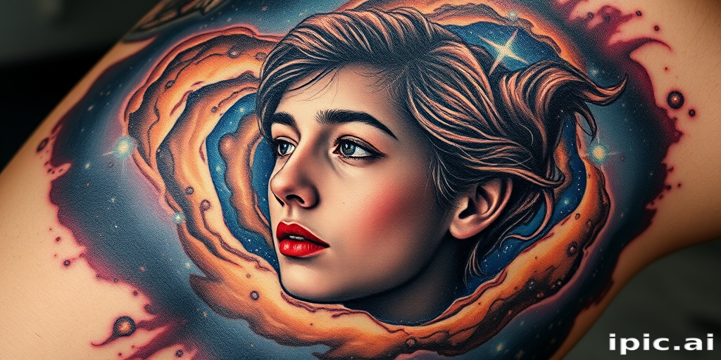 Photorealistic portrait tattoo featuring a loved one's face emerging from a swirling galaxy, incorporating elements of double exposure and surrealism for a breathtaking memorial piece