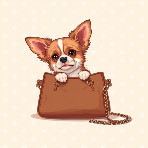 Create a high-quality digital illustration of a cute dog peeking out from a stylish, brown handbag with a chain, set against a light beige polka dot background, using a Canon EOS 5D Mark IV with a 50mm f/1.8 lens, aperture f/2.8, ISO 100, and soft diffused lighting for enhanced detail and color vibrancy.