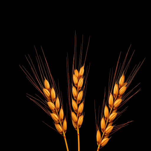 Create an illustration of stylized wheat ears with vibrant orange leaves on a solid black background, using a Canon EOS 5D Mark IV camera with a 50mm f/1.8 lens, shot in macro view to capture details, with high dynamic range settings for enhanced color contrast and clarity.