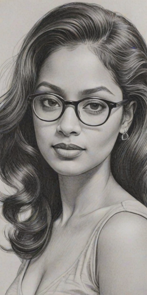 Appealing Tiya Sircar, pencil sketch, portrait of Captivating woman 1944s in glasses, hair style beatnik, outline, clear lines, fine lines, 8k