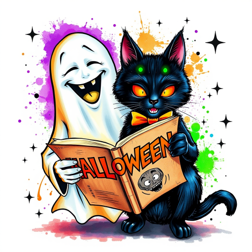 Image of a ghost and a black cat laughing exaggeratedly , and reading a comic halloween comic book, alcohol ink airbrush style, funny halloween theme, white background with neon purple, neon orange, neon green splash, black sparkles stars , dazzling BG