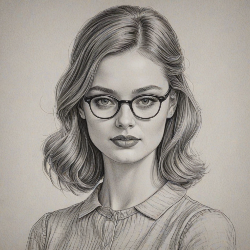 Splendid Bella Heathcote, pencil sketch, portrait of Fascinating woman 1946s in glasses, hair style beatnik, outline, clear lines, fine lines, 8k