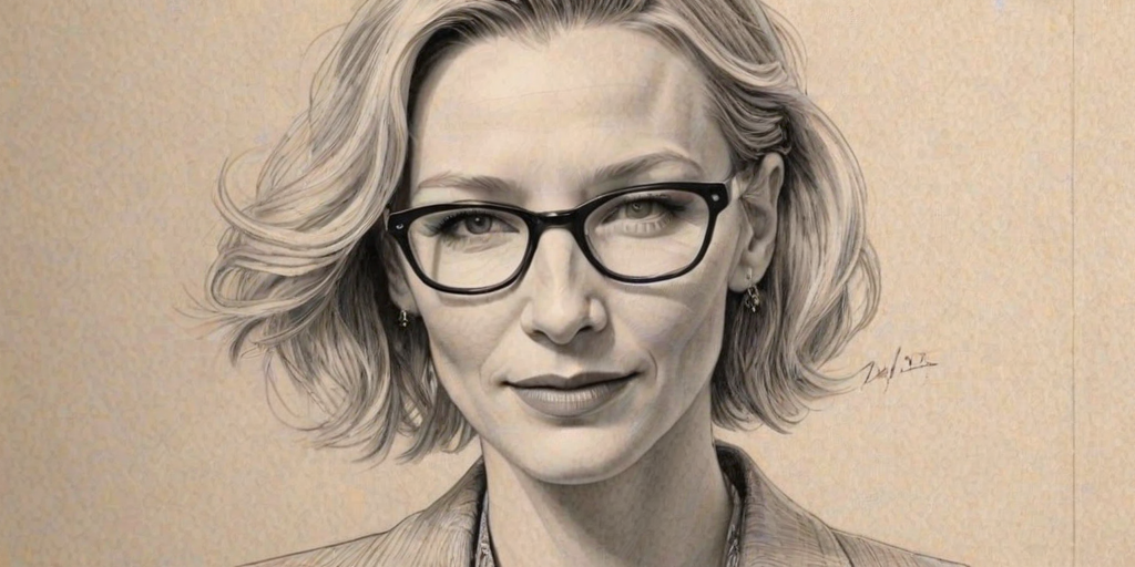 Resplendent Cate Blanchett, pencil sketch, portrait of Splendid woman 1932s in glasses, hair style beatnik, outline, clear lines, fine lines, 8k