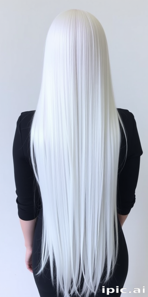 Icy white waist-length straight hair known as "Frost Waterfall" with an ultra-smooth, glass-like finish and subtle blue undertones for a ethereal appearance