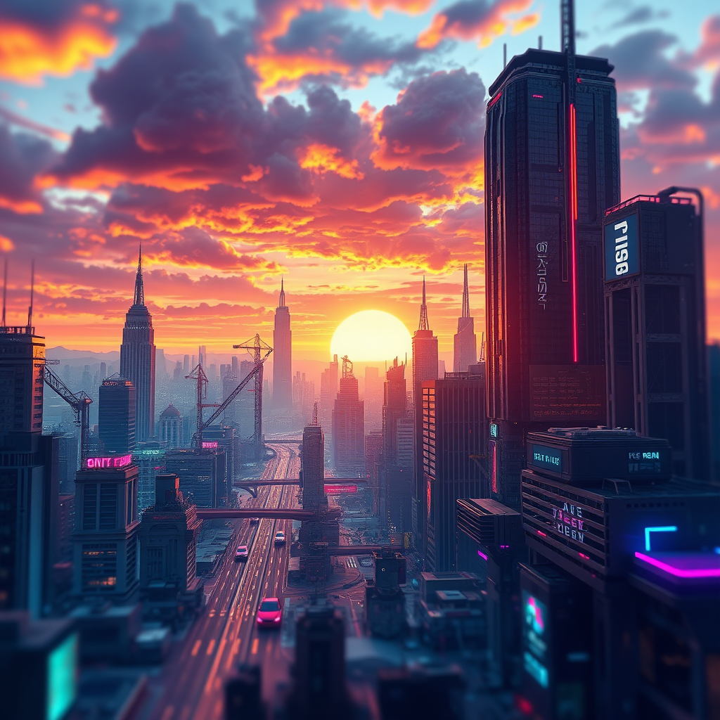 Create a high-quality digital illustration of a futuristic cityscape at sunset with vibrant colors and dramatic lighting, captured using a Canon EOS R5, ISO 100, aperture f/8, shutter speed 1/200 sec, wide-angle lens, and smooth bokeh background for depth.