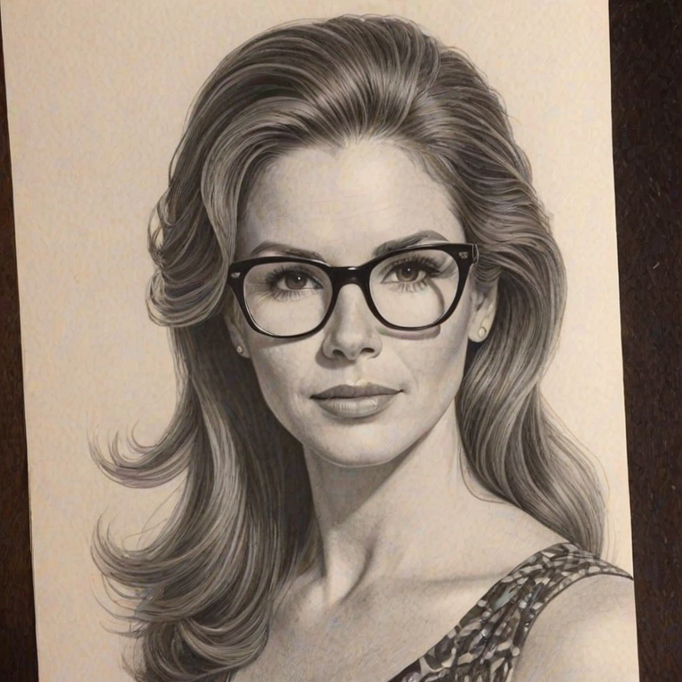 Stunning Melissa Gilbert, pencil sketch, portrait of Ravishing woman 1973s in glasses, hair style beatnik, outline, clear lines, fine lines, 8k