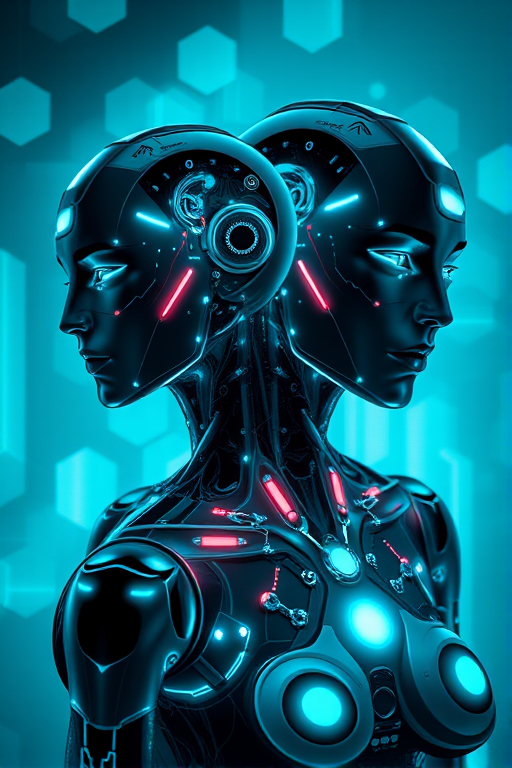 Create a futuristic digital artwork featuring two human-like figures with cybernetic elements and a hexagonal pattern background, emphasize neural connections and glowing features, using a Canon EOS 5D Mark IV with a 50mm f/1.8 lens, aperture set to f/2.8, ISO 100, shot at a 45-degree angle in low light for enhanced detail and depth.