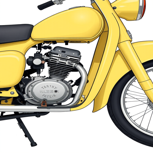 Create a detailed illustration of a vintage moped in a side view with a pastel yellow color scheme, focus on intricate details of the engine and wheels, use a Canon EOS R5 camera with a 50mm f/1.8 lens, aperture set to f/4, ISO 100, and a natural light environment to enhance clarity and depth.