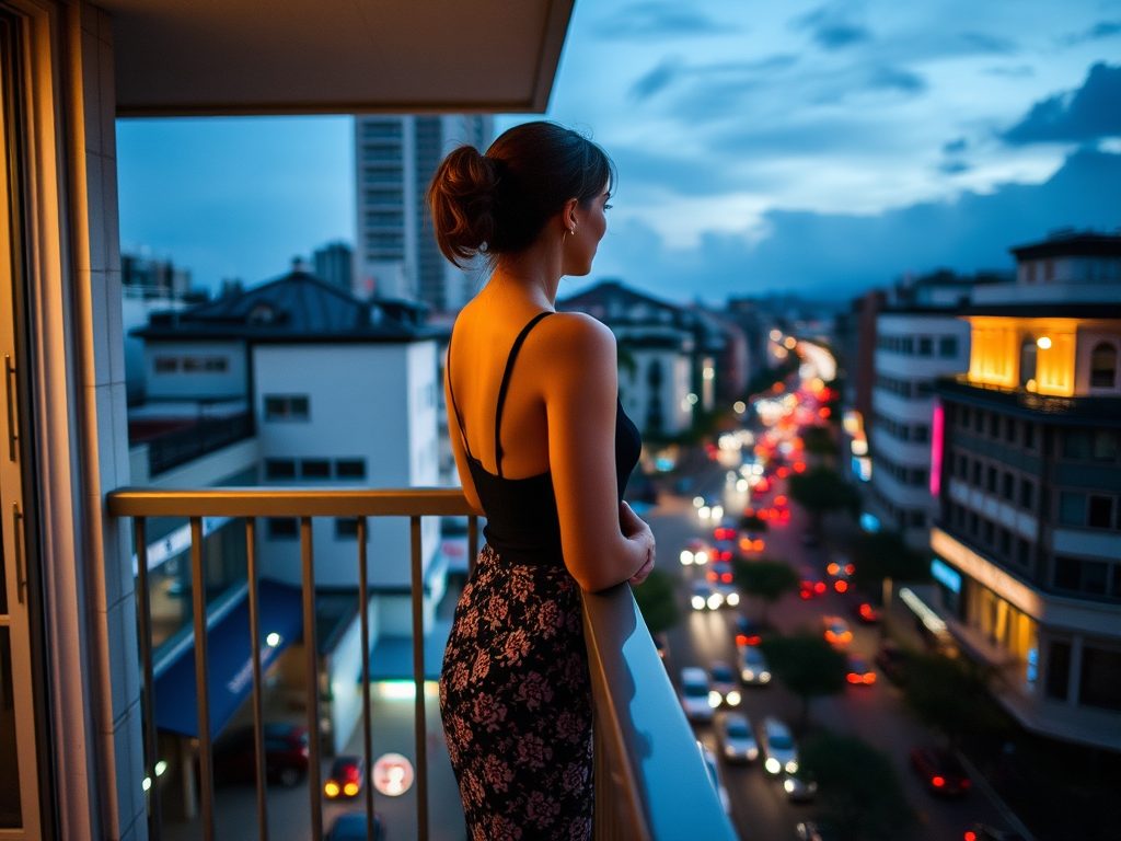 Woman standing on a balcony overlooking a bustling city street, the evening lights coming on below as she leans on the railing, watching the world go by.