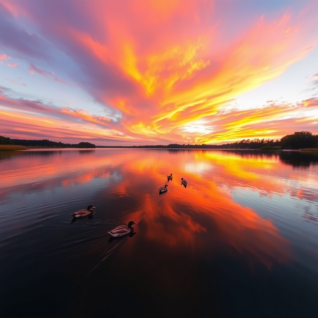 Generate a landscape image of a serene lake at sunset with vibrant orange and purple clouds reflecting in the water, featuring ducks swimming, captured with a DSLR camera at ISO 100, f/8 aperture, 1/125 sec shutter speed, using a wide-angle lens at a 24mm focal length for a dramatic atmosphere.