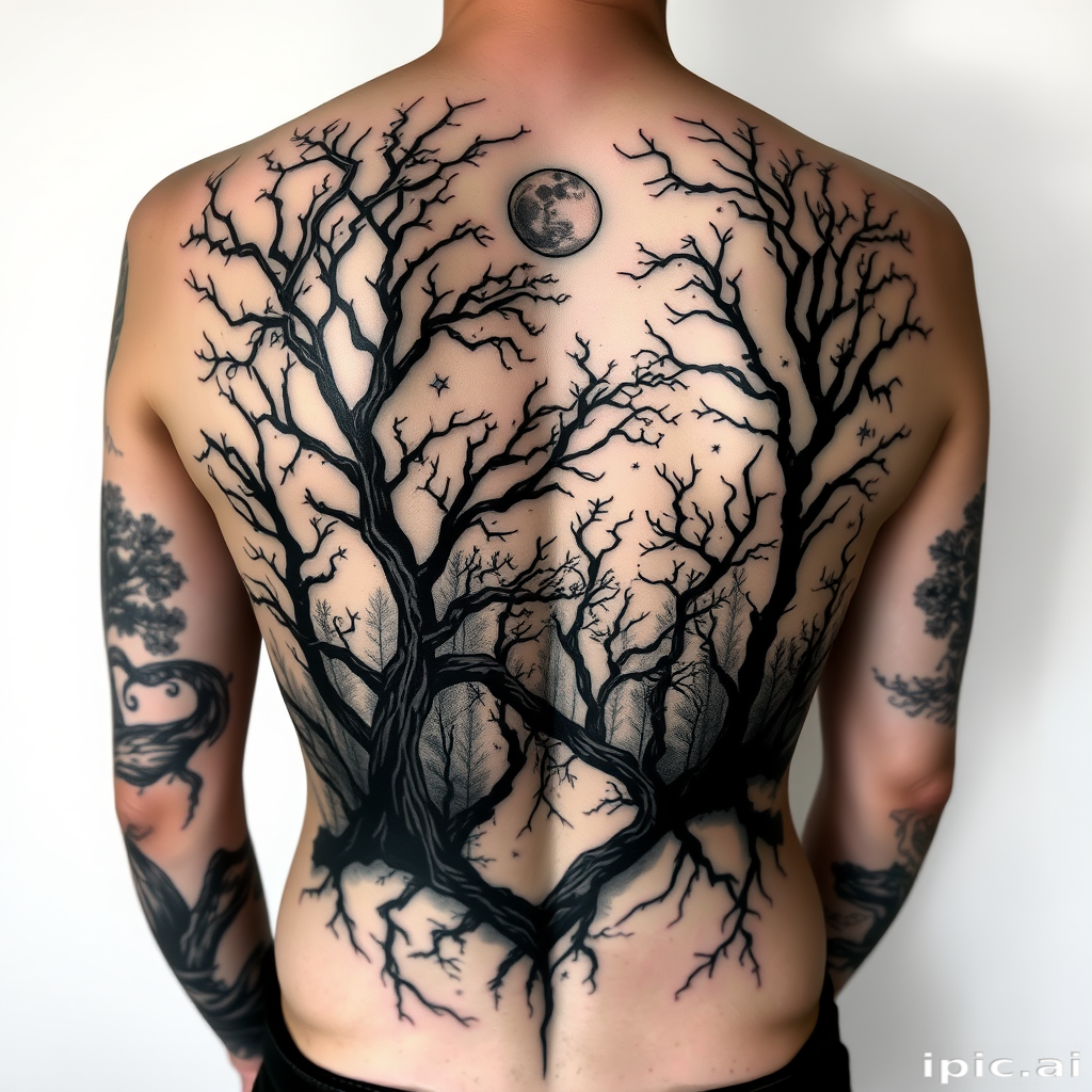Ethereal blackwork tattoo adorning the entire back depicting a haunting forest scene with twisted trees and a crescent moon silhouetted against a starry night sky bold contrasts and fine details