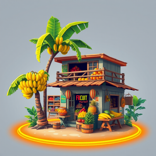 A vibrant tropical fruit market with a small, two-story building. A large banana tree stands nearby, with the fruit displayed on the balcony. The ground is surrounded by a glowing orange and yellow ring
