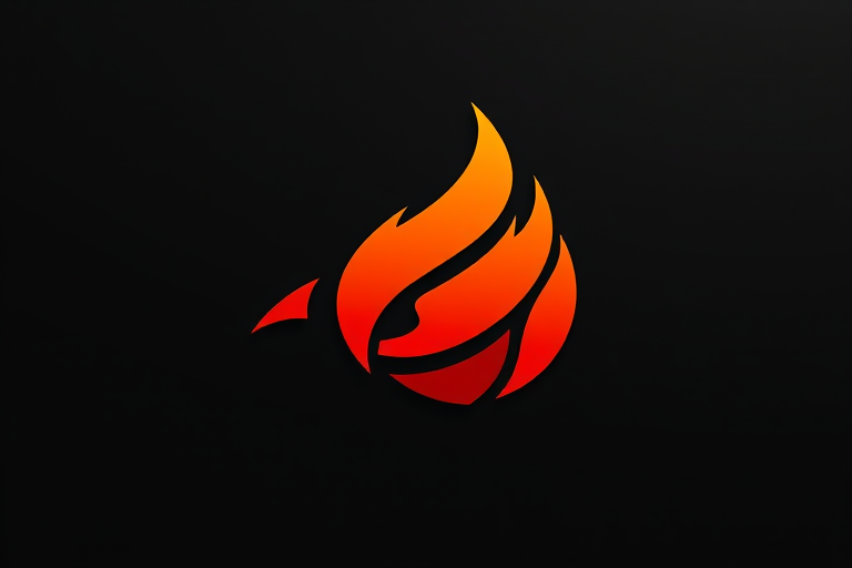 Create a stylized flame logo with vibrant red, orange, and yellow colors on a dark gray background, using a Canon EOS R5 with a 50mm f/1.2 lens at f/2.8, ISO 100, and a soft light effect to enhance contrast and saturation.