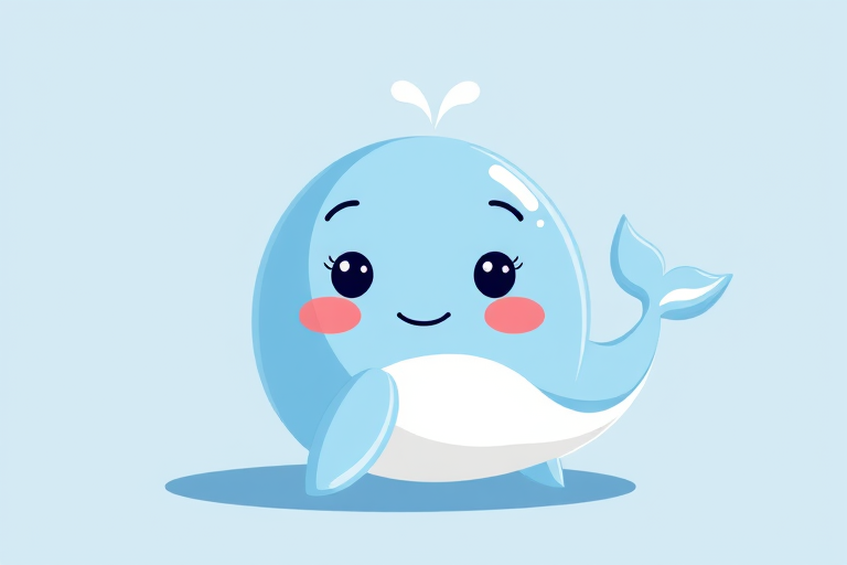 Create a bright and playful cartoon whale with a smiling face and a small water spout on top, using a vibrant color palette of light blue and white, captured in a digital illustration style with high resolution at 300 DPI, using a soft focus lens effect for a whimsical touch.