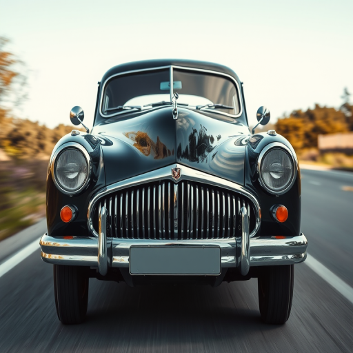High-quality vintage car, front three-quarter view, sharp focus, ISO 100, f/8, 1/250s, DSLR camera, natural daylight, slight motion blur in background for dynamic effect.