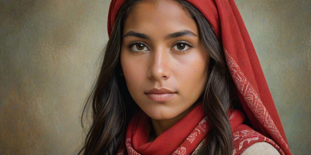 Create a portrait of a young taino woman with long, dark hair and captivating hazel eyes. She is wearing a red headscarf and a matching scarf draped gracefully around her neck. The background is softly blurred, focusing attention on her serene and natural expression. The overall color palette is muted and warm, enhancing the intimate and authentic feel of the portrait.